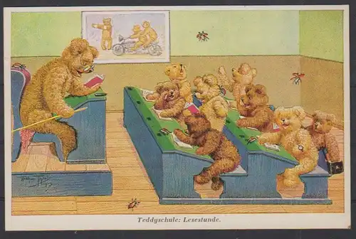 AK PK Teddyschule Lesestunde vermenschlichte Tiere Teddys Bären