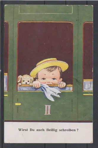 AK PK Künstlerkarte Junge mit Teddy im Zug Wirst Du auch fleissig schreiben? gel