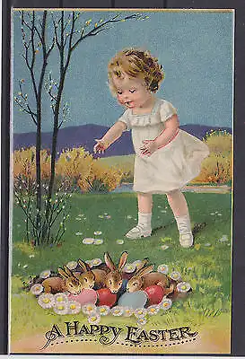 AK PK Ostern A Happy Easter Kind Hasen Eier ungel. um 1930
