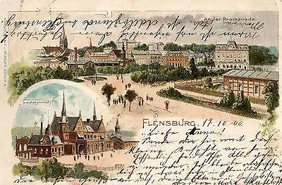  Litho Ansichtskarte, Flensburg, Staatsbahnhof, 1900