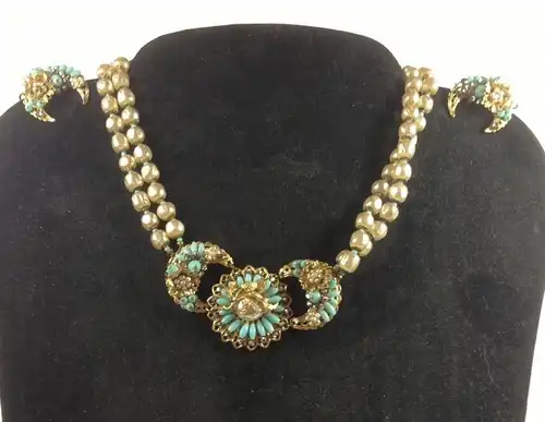 Jugendstil Art Deco Art Noveau Set Halskette + Ohrringe Türkis Perlen  11226