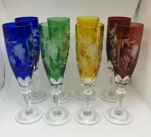8 Kristall Gläser Sekt farbig Nachtmann ( 6 Stück signiert ) unbeschädigt handsc