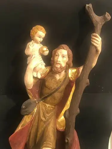 65 cm  Heiliger Christophorus mit Kind Holz geschn. 2.H.20.J Blattgold