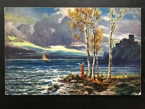 Frau winkt zum Abschied m Tuch - Segelschiff - Burg Meer - Künstlerkarte 911 TH