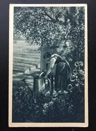 Frau mit Gießkanne - Garten Baum Sonnenblumen - Künstlerkarte 400227 TH