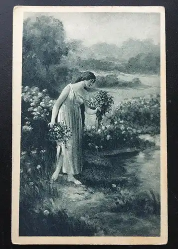 Frau pflückt Blumen - Blumenstrauß Blumenwiese - Künstlerkarte 400220 TH