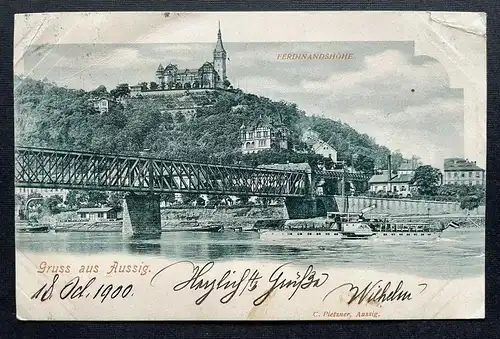 Gruss aus Aussig Ústí nad Labem Stadt Elbe Brücke Schiff Tschechien 410674 C