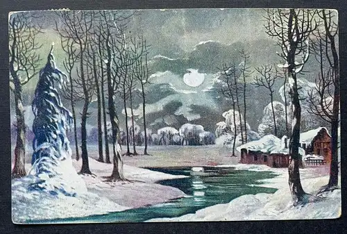 Winter Landschaft Schnee Fluss Eis Baum Haus Mond Nacht Malerei 400338 TH F