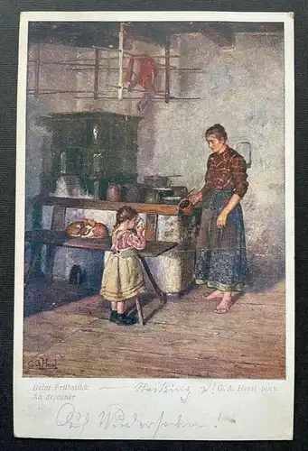 Malerei Beim Frühstück G.A.Hessl Mutter Kind Mädchen Kleid Küche Ofen 410784 TH