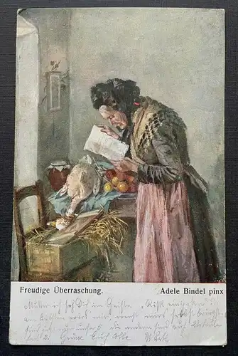 Malerei Freudige Überraschung A.Bindl Frau Gans Brief Kleid Tracht 400345 TH