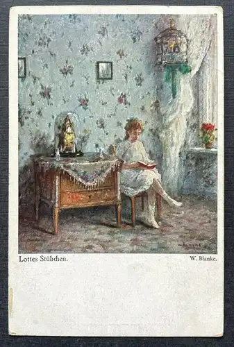 Malerei Lottes Stübchen W.Blanke Mädchen Buch Vogelkäfig Komode Kleid 402694 C