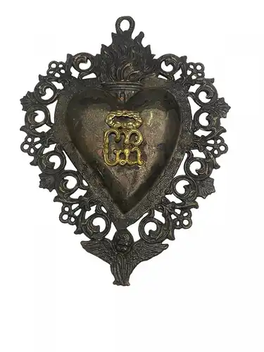 Antikes Flammendes Herz Klosterarbeit Votiv Herz 16.5 X 13.5 cm 500099