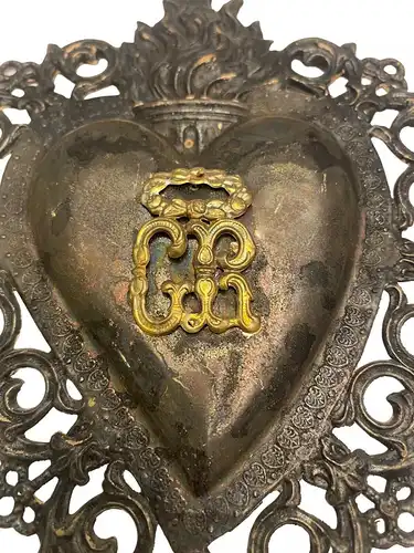 Antikes Flammendes Herz Klosterarbeit Votiv Herz 16.5 X 13.5 cm 500099