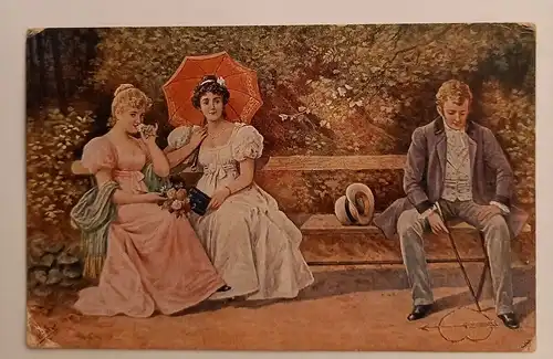 Damen mit Herrn auf einer Bank Sonnenschirm - Künstlerkarte 500110A gr D