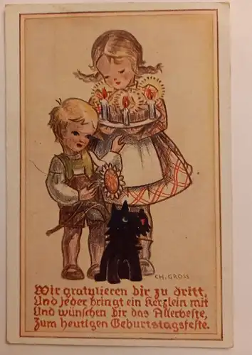 Korresp.karte, Ch.Gross, Junge u. Mädchen,  Hund schwarze Katze 500136A D