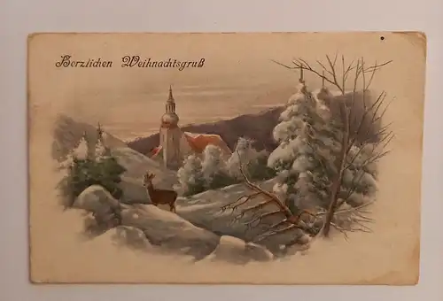 Herzlichen Weihnachtsgruß, Reh und Kirche  500124A gr D