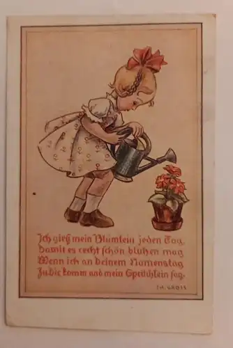 Künstlerkarte Mädchen mit Gießkanne und Blumentopf 600668A gr D