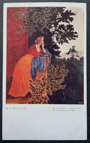 Malerei In Gedanken vertieft St.E.Radzikowski Frau Kleid Balkon Baum 400340 TH F