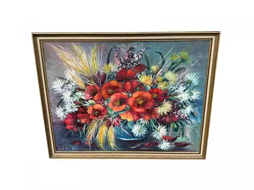 Blumen Stilleben Sign. R. Knes Mohnblume Vintage mit Rahmen 87x67 cm