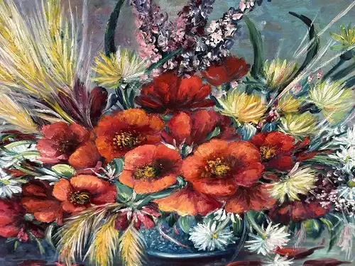 Blumen Stilleben Sign. R. Knes Mohnblume Vintage mit Rahmen 87x67 cm
