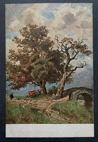 Malerei Bild Baum Schäfer Schafe Wagen Brücke Bach Künstlerkarte 402390 TH