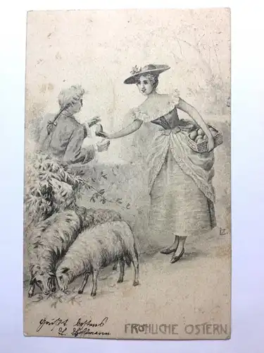 Fröhliche Ostern - Frau verteilt Ostereier - Künstlerkarte 110076 TH