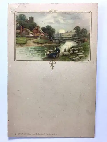 Mann bei Ruderboot - Dorf mit Brücke über Fluss - Künstlerkarte 40222 TH