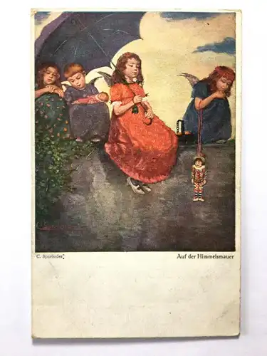Auf der Himmelsmauer (C.Sporleder) - Engel mit Schirm - Künstlerkarte 40217 TH