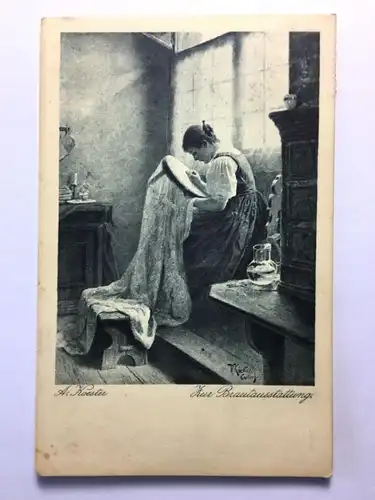 Zur Brautaustattung (A.Koester) - Frau näht Kleid - Künstlerkarte 50019 TH D