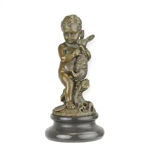 Bronze Skulptur auf Marmor Kleiner Junge mit Hase H. 15.2 cm NLBX-30