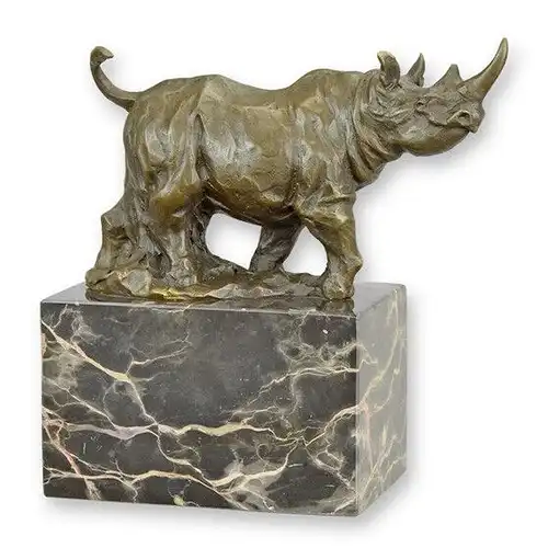 Bronze Skulptur auf Marmor Block Nashorn laufend H 18,4 L 8 NLSL-10 3