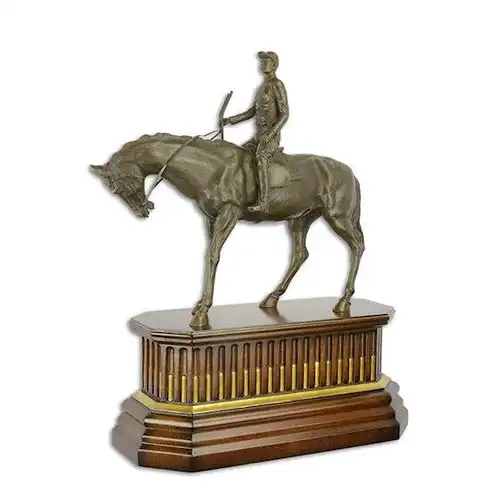 Bronze Skulptur auf Holz Block Jockey auf Pferd H 52,4 L 19,8 NLJK-62