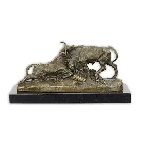 Bronze Skulptur auf Marmor Block Kämpfende Stiere H 12 L 8,5 NLBX-34