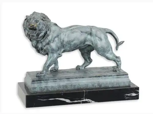 Skulptur Bronze Löwe grüne Patine Marmorsockel H 20.3 X L 25.4NLBE-94
