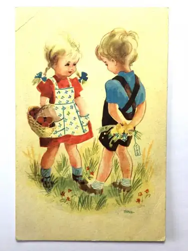 Junge und Mädchen - Blumenstrauß - Künstlerkarte 30090 TH