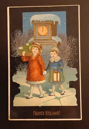 Frohes Neujahr Zwei Mädchen Mit Klee Und Laterne Prägekarte 600762A Ga G