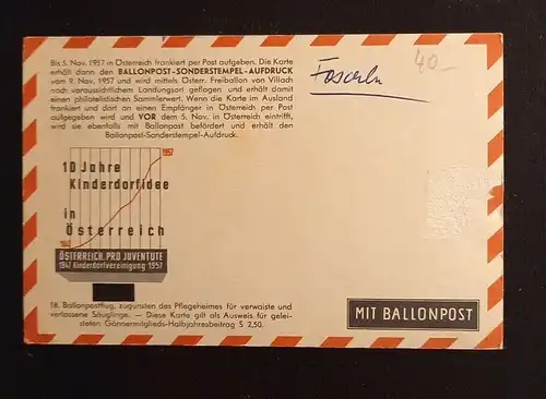 Welt Kindertag 1957 Ballonpost 600766A Ga G