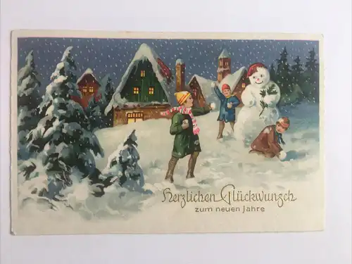 Glückwunsch Weihnachtskarte. Winterlandschaft, drei Kinder. 652