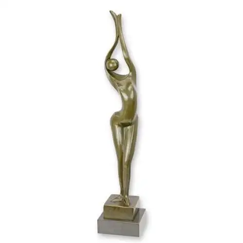 Bronze Skulptur auf Marmor Block Frau Akt Modernistisch H 87,3 L 14,9 NLBE-37