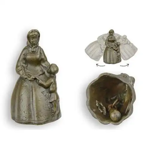 Bronze Figur Tischglocke Mutter mit Kind H 6,9 L 3,9 NLJT-15