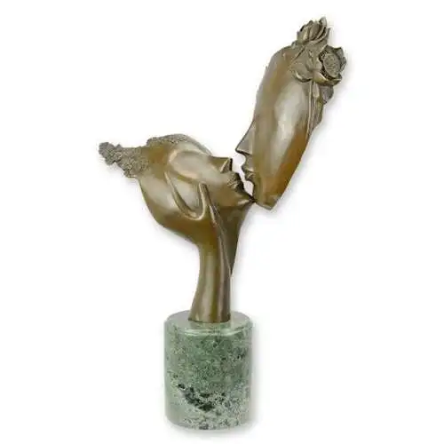 Bronze Skulptur auf Marmor Block 2 Gesichter Kuss H 53,6 L 23,7 NLBE-70