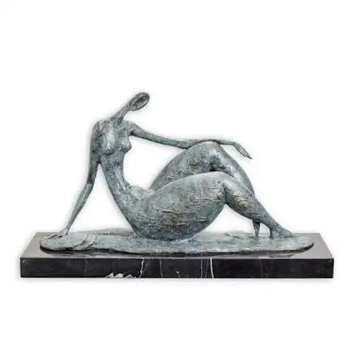 Bronze Skulptur auf Marmor Block Frau Akt Modernistisch H 25,2 L 12,9 NLFA-44