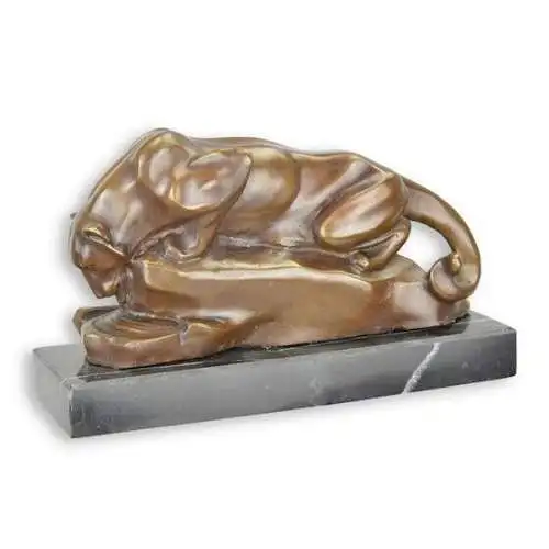 Bronze Skulptur auf Marmor Block Puma trinkend Wasserloch H 16,5 L 29 NLYY-73
