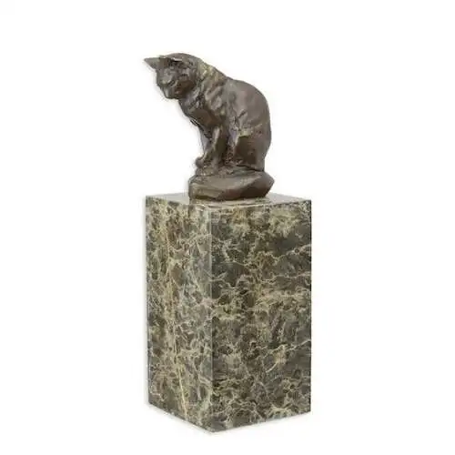 Bronze Skulptur auf Marmor Block Katze sitzend H 21,5 L 7,2 NLYY-111