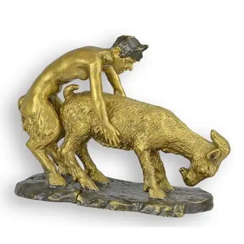 Bronze Skulptur Faun und Ziege H 7 L 4 NLWB-20 1