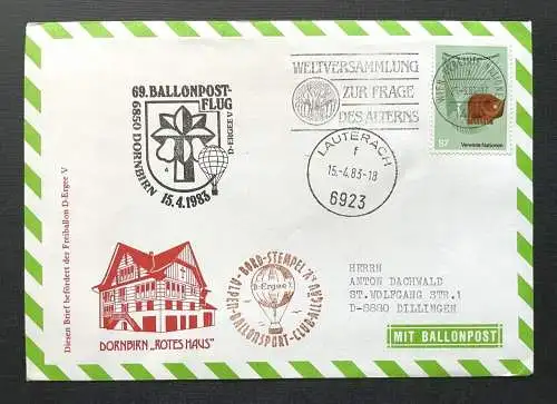 Brief 69.Ballonpost-Flug Bordstempel Lauterach 1983 ca.16,2x11,4cm 410350