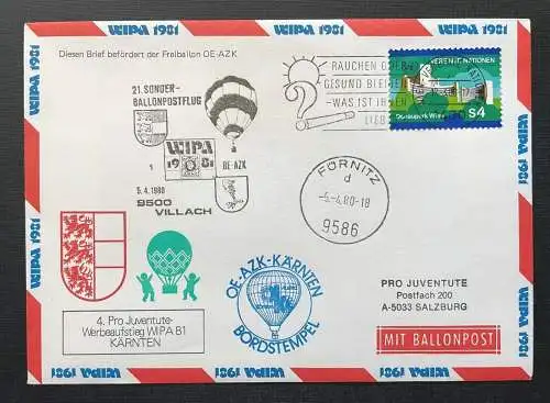 Brief Ballonpost Bordstempel OE-AZK Kärnten Fürnitz 1980 ca16,1x11,5cm 410347