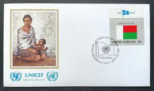 Brief Unicef FDC Flagge Madagascar Rakamy Mother & Child ca.16,4x9,3cm 410301 PR