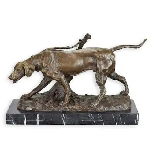 Bronze Skulptur auf Marmor Block Hund angeleint H 22,4 L 13,1 NLYY-36 8
