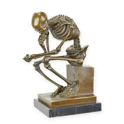 Bronze Skulptur auf Marmor Block Denker Skelett NLXT-126